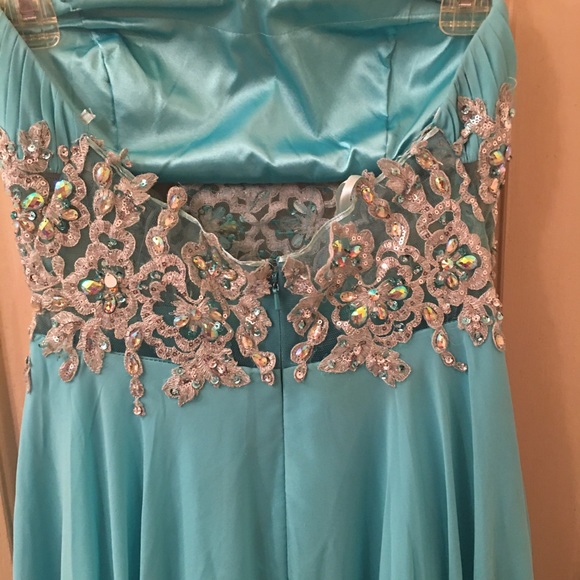 Aquamarine Long Dazzled Strapless Gown, Size 7 - Picture 3 of 4